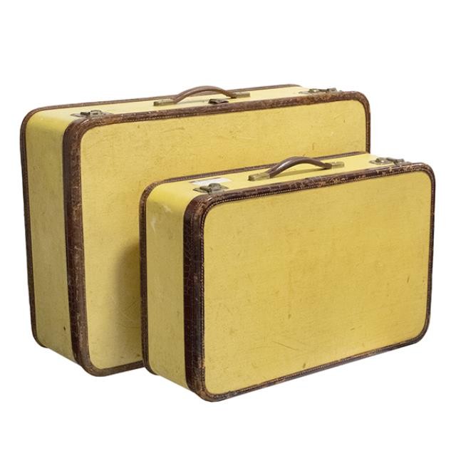 VINTAGE SUITCASE-Small Yellow W/Leather Trim & Initials "C.M.L."