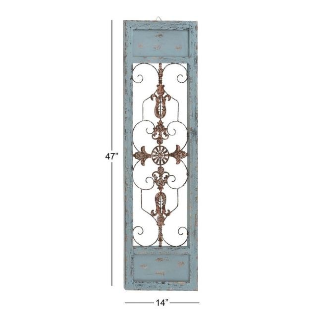 WALL PANEL ART-Distressed Blue Shutter W/Metal Scrollwork Center