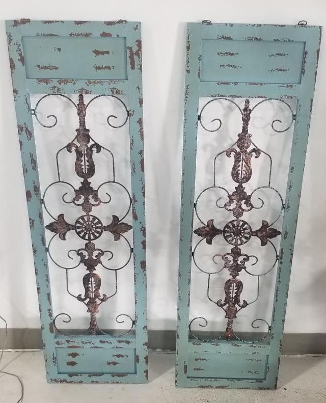 WALL PANEL ART-Distressed Blue Shutter W/Metal Scrollwork Center