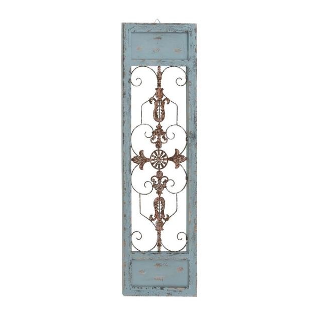 WALL PANEL ART-Distressed Blue Shutter W/Metal Scrollwork Center