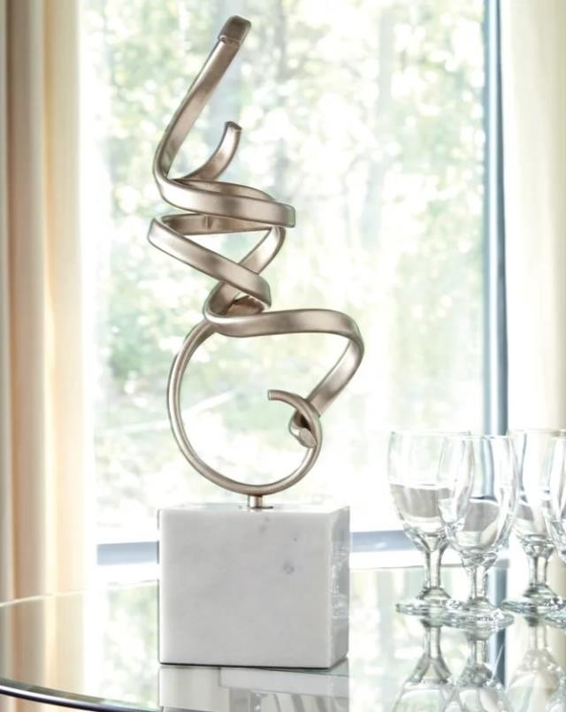 SCULPTURE-Champagne Finsih Metal Squiggle W/Marble Base