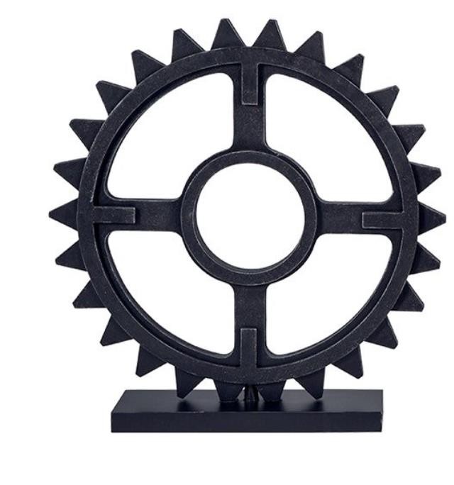 SCULPTURE-Spiked Round Wood Gear W/Antique Black Finish