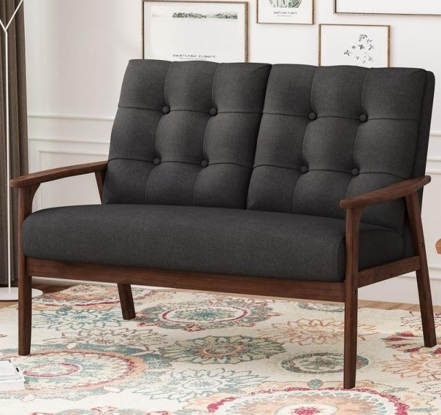 LOVESEAT-MCM Black Waffle Stitch Tufted W/Walnut Finished Frame