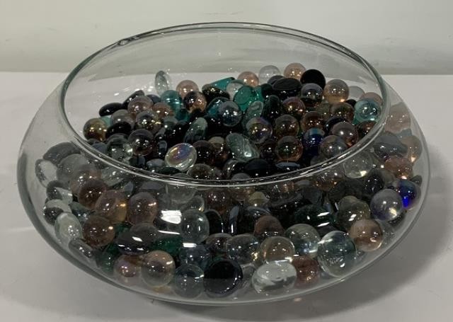 DECORATIVE BOWL-Glass w/Assorted Colored Marbles