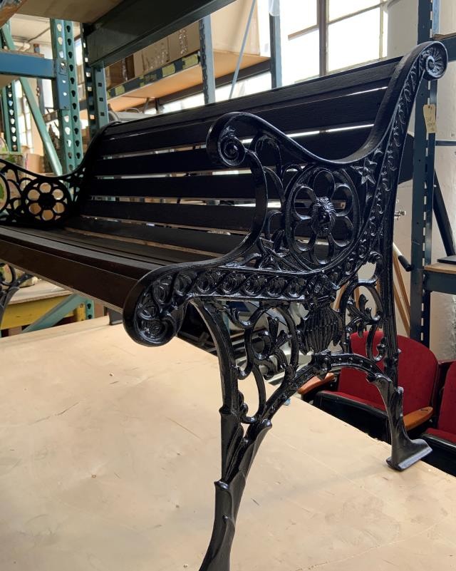 PARK BENCH-Dark Brown Wood W/Black Iron Scrollwork Frame