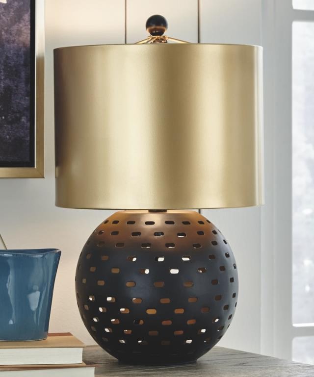 TABLE LAMP-Round Metal Cut-Out W/Gold Shade