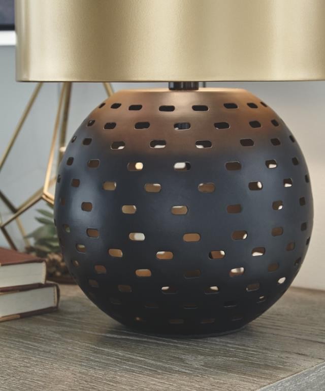 TABLE LAMP-Round Metal Cut-Out W/Gold Shade