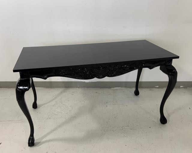 CONSOLE TABLE-Black Lacquer W/Carved Front & Queen Anne Leg