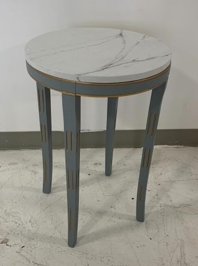 SIDE TABLE-Round W/Faux Marble Top & Grey Frame W/Gold Detailing