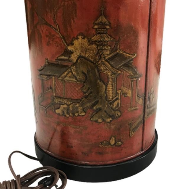 TEA CANISTER LAMP-Red W/Embossed Chinoiserie Scene