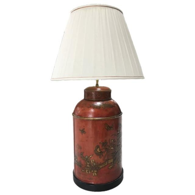 TEA CANISTER LAMP-Red W/Embossed Chinoiserie Scene