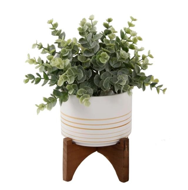 PLANT-Faux Eucalyptus Plant in Ceramic Pot W/Wooden Stand