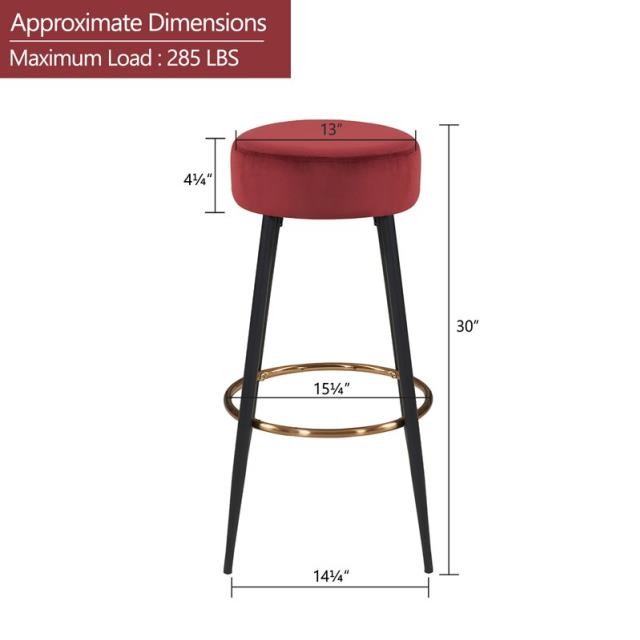 BAR STOOL-Round Burgundy Seat W/Black Metal Leg & Gold Accents