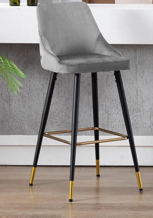 BAR STOOL-Grey Tuft Velvet W/Black Metal Leg & Gold Accents