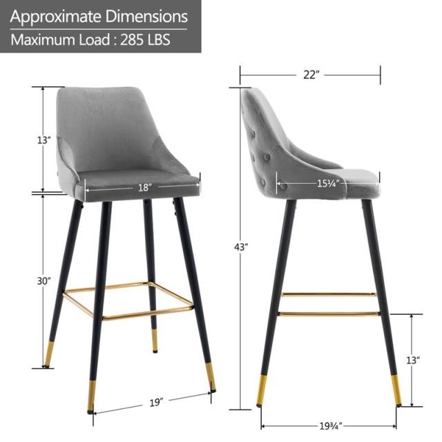 BAR STOOL-Grey Tuft Velvet W/Black Metal Leg & Gold Accents