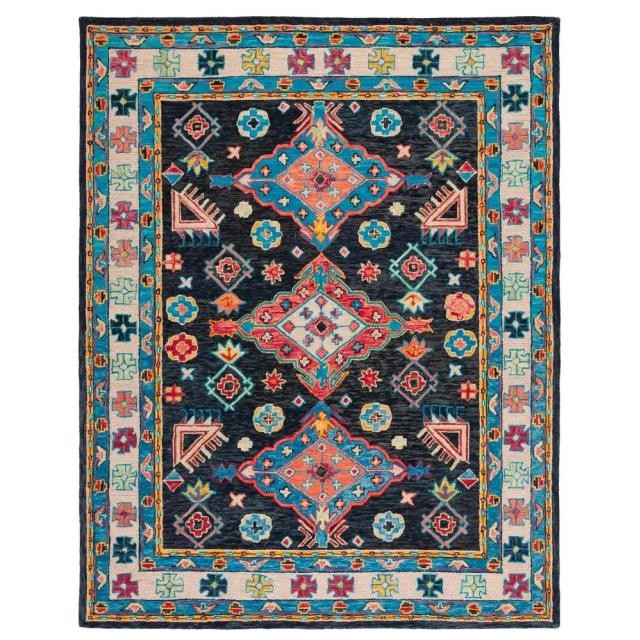 RUG-(6'x9')Charcoal/Blue Wool Bohemian Medallion