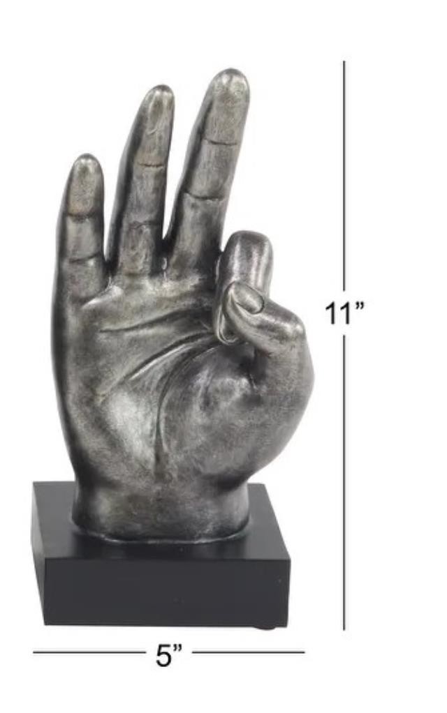 SCULPTURE-A-OKAY HAND-Faux Metal W/Dark Silver Finish & Black Base