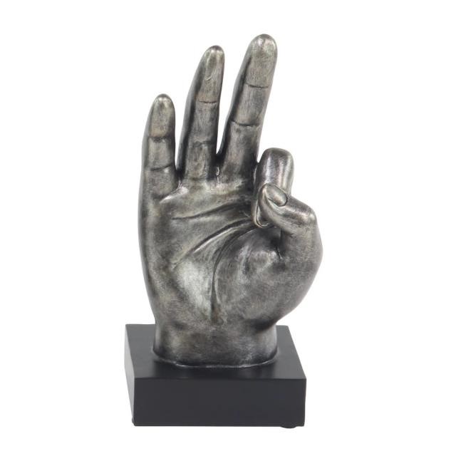 SCULPTURE-A-OKAY HAND-Faux Metal W/Dark Silver Finish & Black Base