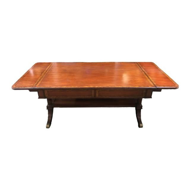 COFFEE TABLE-Mahogany Inlay Edge W/Under Shelf-Fluted Legs & Brass Feet