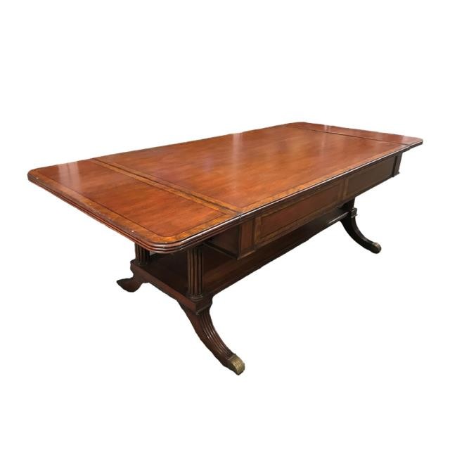 COFFEE TABLE-Mahogany Inlay Edge W/Under Shelf-Fluted Legs & Brass Feet