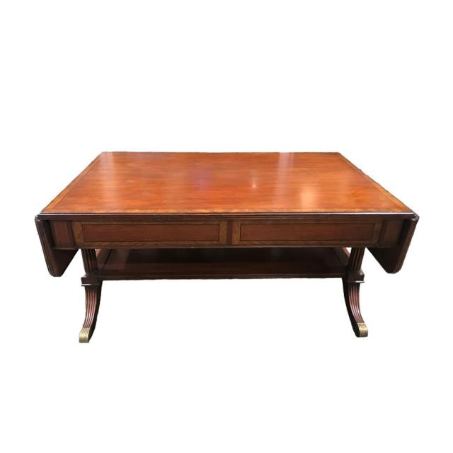 COFFEE TABLE-Mahogany Inlay Edge W/Under Shelf-Fluted Legs & Brass Feet