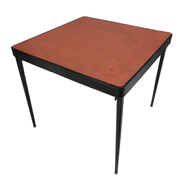 CARD TABLE-Vintage Folding-Brick Fabric/Black Metal Base