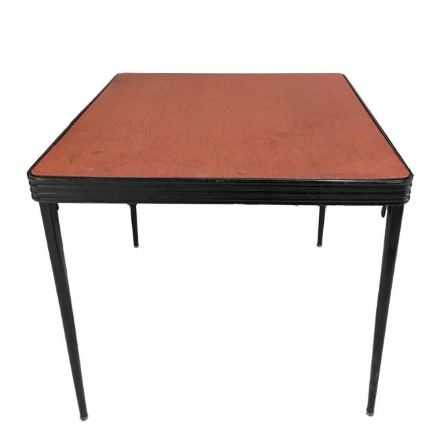 CARD TABLE-Vintage Folding-Brick Fabric/Black Metal Base