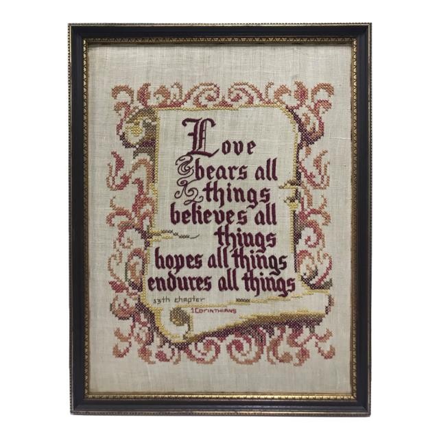 NEEDLEPOINT-1 Corinthians 13:7 on Scroll