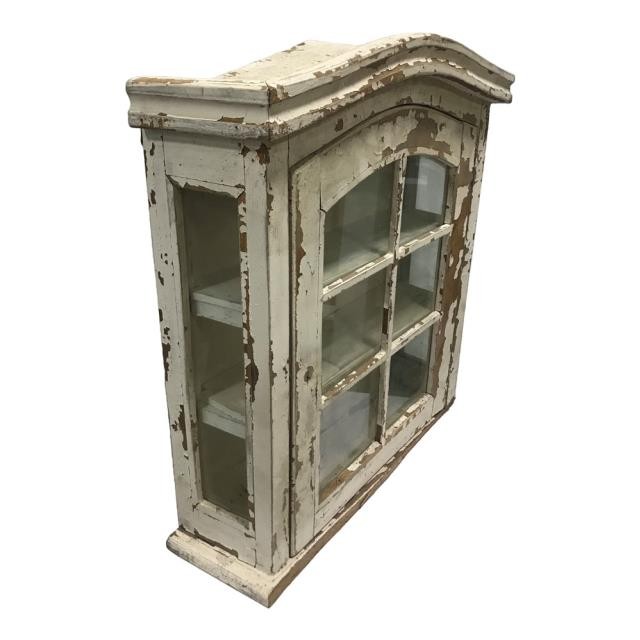 CABINET-Distressed White Wall Shelf w/Window Panels