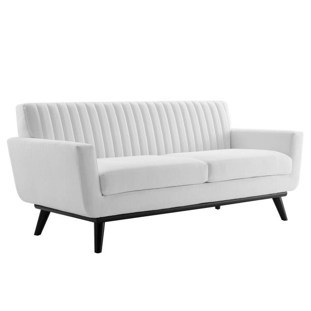 SOFA-MCM White Channel Back W/Dark Wood Base