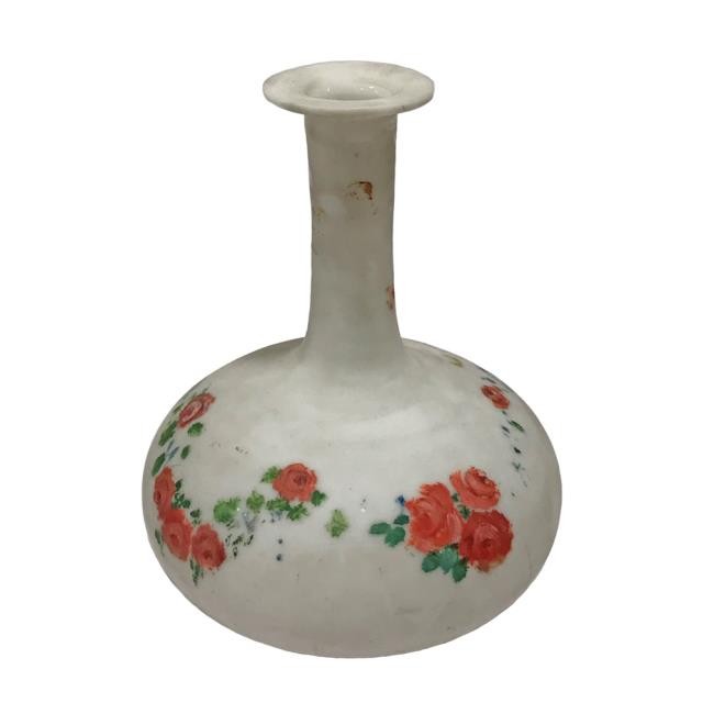 VASE-Straight Neck White Ceramic w/Painted Flowers