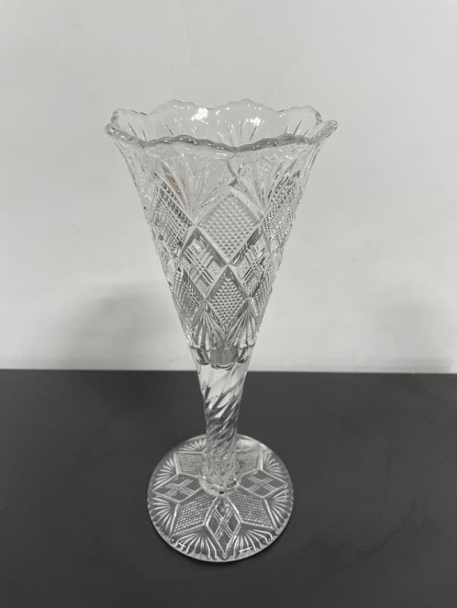 VASE-Cut Glass Diamond Shaped Pattern w/Footed Base