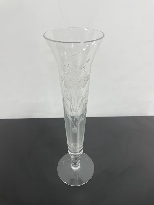 VASE-Glass Vase w/Etched Flowers & Footed Base