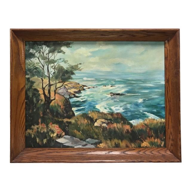 PAINTING-Waves Crashing Landscape in Oak Frame