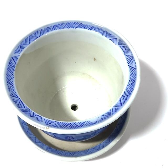 PLANTER-w/Saucer-Medium Blue/White w/Pink Flowers