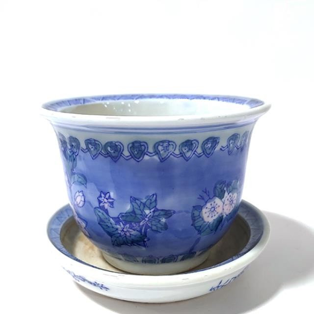 PLANTER-w/Saucer-Medium Blue/White w/Pink Flowers