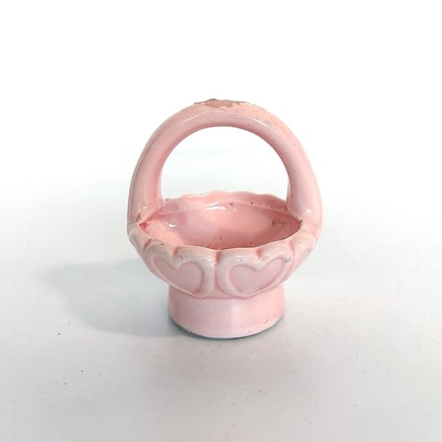 FIGURINE-Small Ceramic Pink Basket w/Hearts