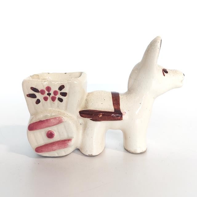 FIGURINE-Ceramic White & Brown Donkey w/Cart