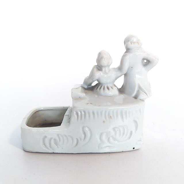 FIGURINE-White Ceramic Victorian Couple Holding Bass