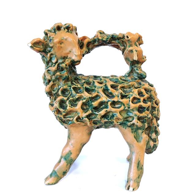 FIGURINE-Beige & Green Sheep Sharing Branch w/Bird