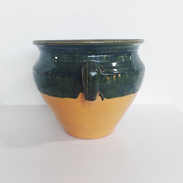 VASE-(2) Handles Terracotta w/Green & Yellow Glaze