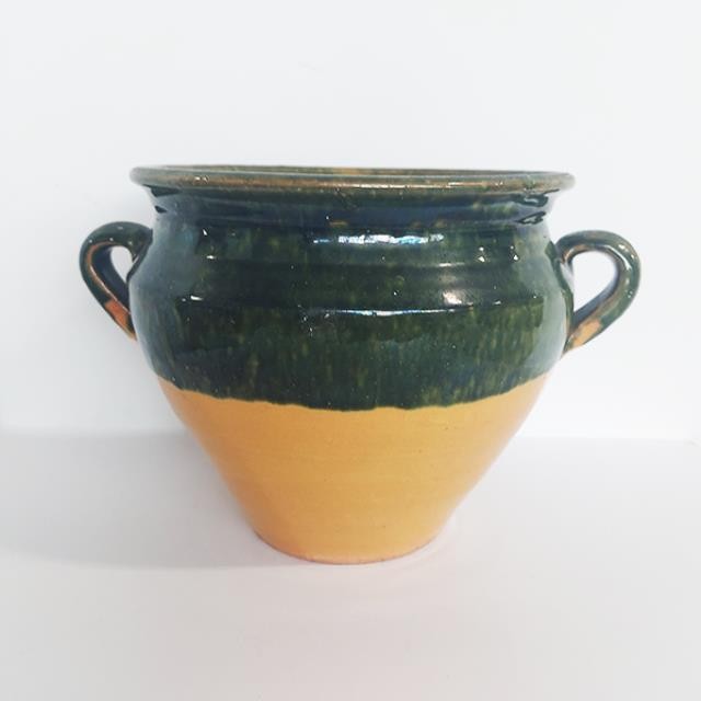 VASE-(2) Handles Terracotta w/Green & Yellow Glaze