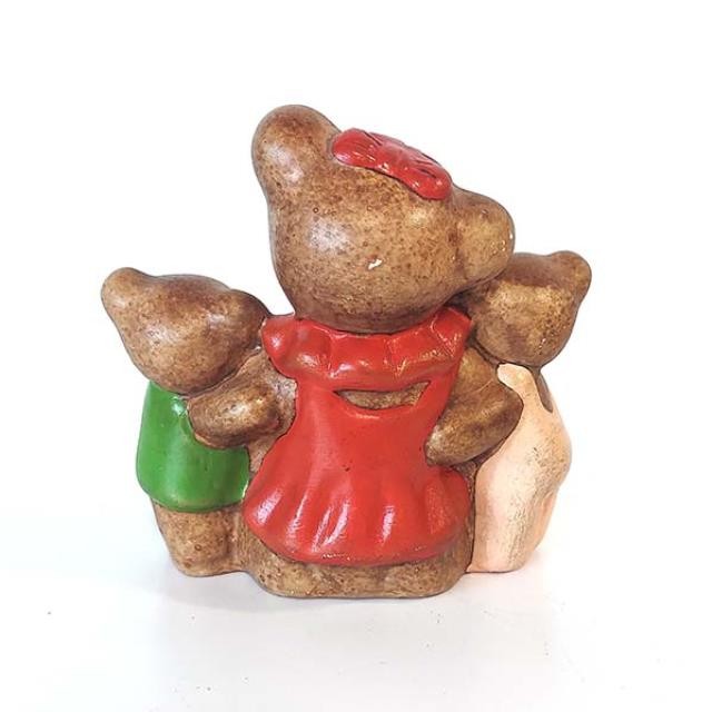 FIGURINE-Mama Bear in Red Dress & Bow w/Two Cubs