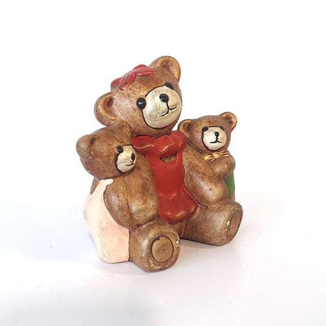 FIGURINE-Mama Bear in Red Dress & Bow w/Two Cubs