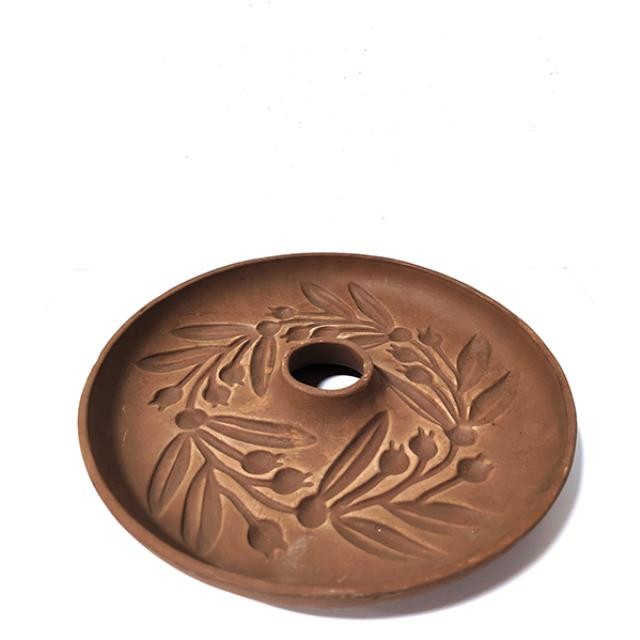 PLANTER BASE-Round Brown Terracotta Dish w/Drain Hole & Leaf Engravings