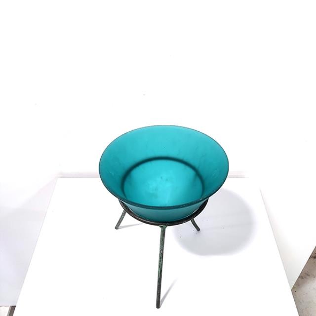 DECORATIVE BOWL-Teal Frosted Glass on Tripod Stand