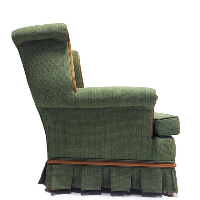 CLUB CHAIR-Green Tweed Inspired Tufted Back w/Wood Accents & Ruffled Skirt