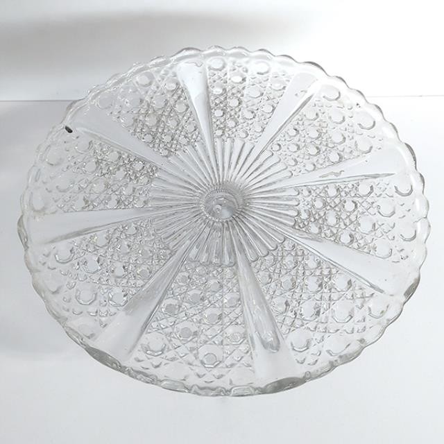 CAKE STAND-Sunburst Pattern-Pressed Glass & Scalloped Edge