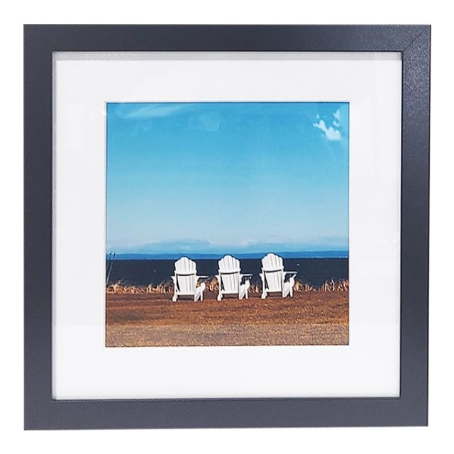 FRAMED PHOTOGRAPHY-(3) White Adirondack Beach Chairs Viewing the Ocean