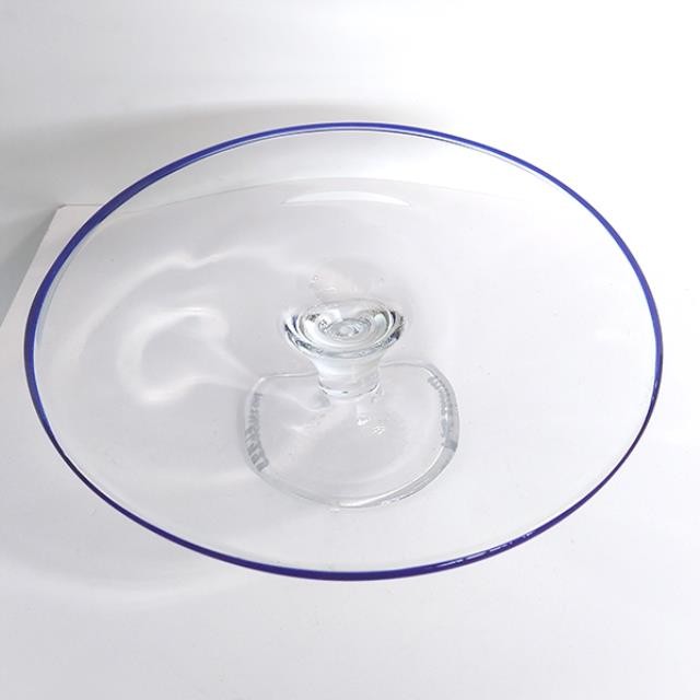 CAKE STAND-Plain Glass w/Blue Trim on Edge